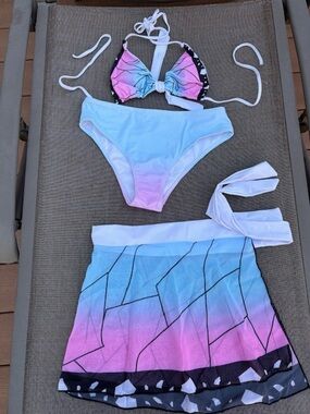 Demon Slayer Bikini Swimsuit+Mesh Cover Skirt, sz L (Asian size), brand new